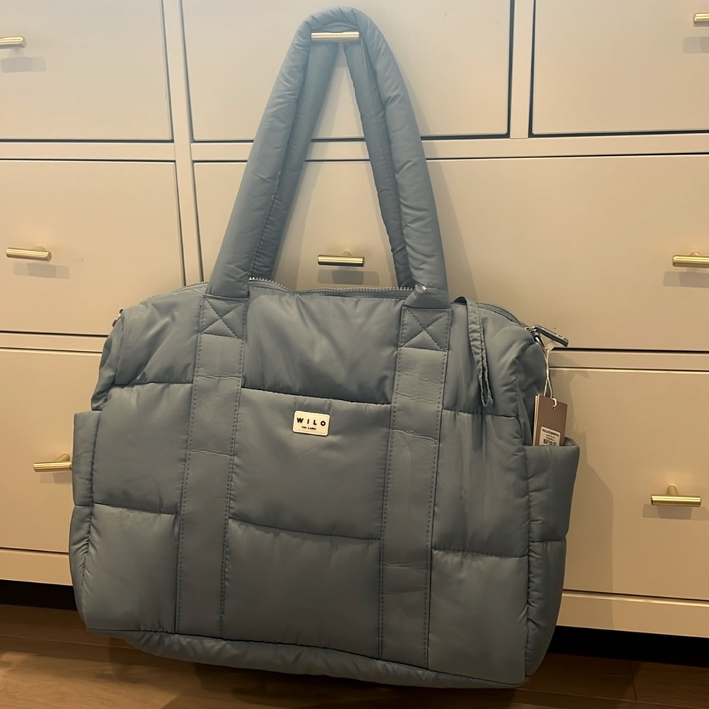 NWT Wilo the Label - Panel Quilted Weekender Bag (Dusty Blue)